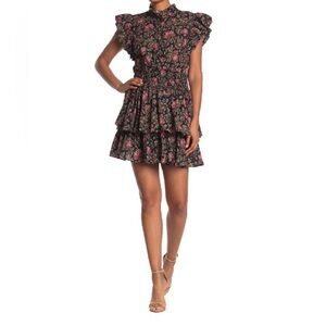 La Vie Rebecca Taylor Floral Mini Dress Black Pink Metallic Chouette Size S